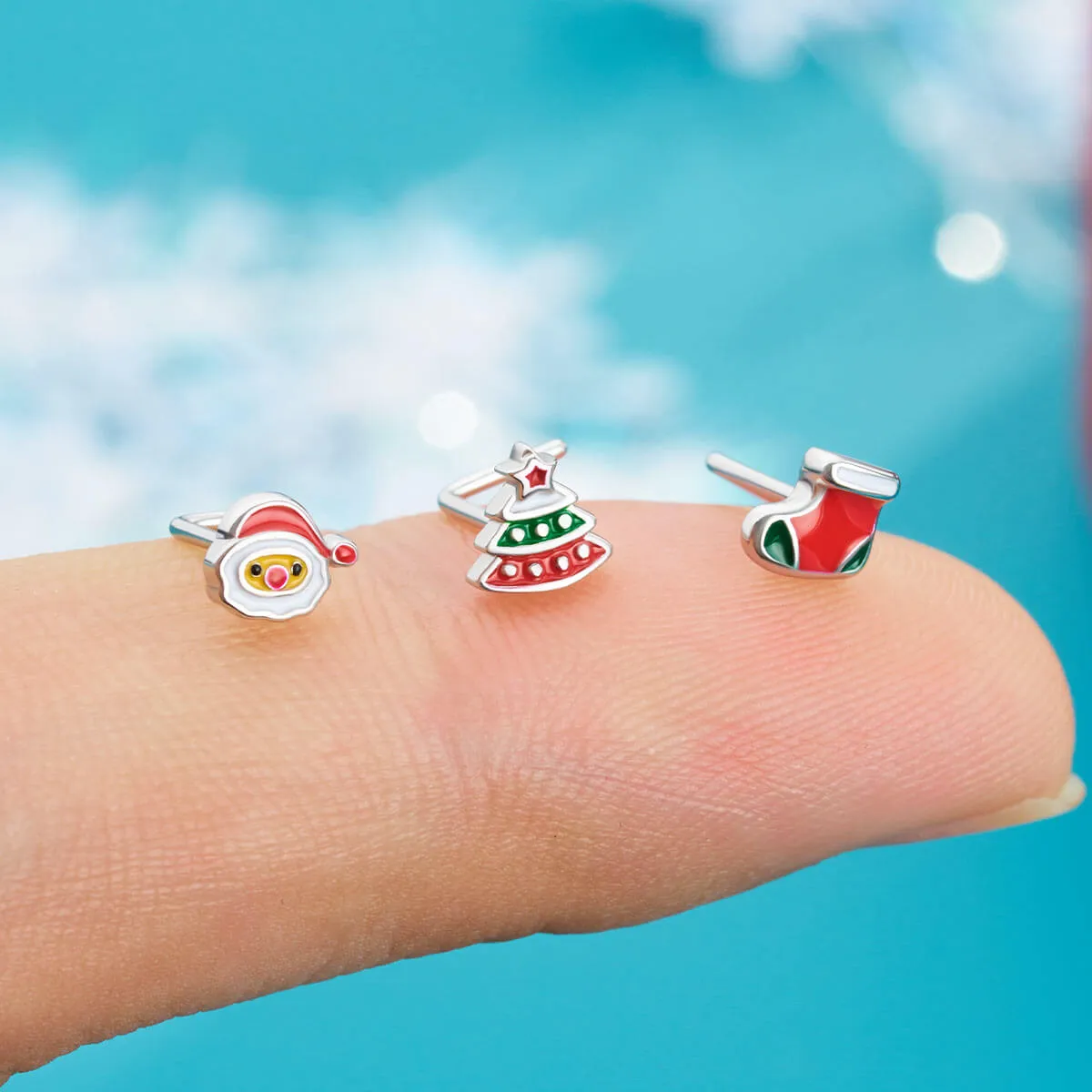 20G 3PCS L-Shaped Merry Christmas Santa/Tree/Socks Nose Studs Set