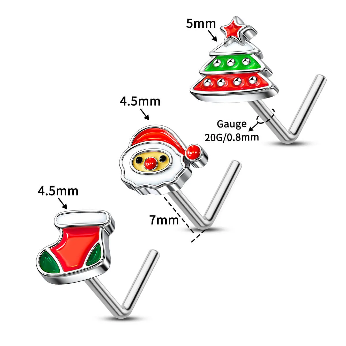 20G 3PCS L-Shaped Merry Christmas Santa/Tree/Socks Nose Studs Set