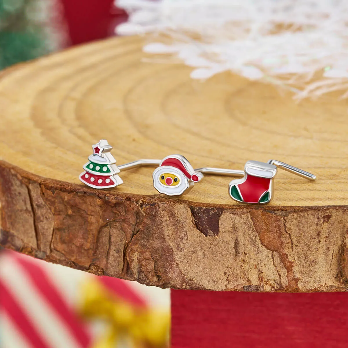 20G 3PCS L-Shaped Merry Christmas Santa/Tree/Socks Nose Studs Set