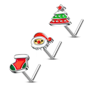 20G 3PCS L-Shaped Merry Christmas Santa/Tree/Socks Nose Studs Set