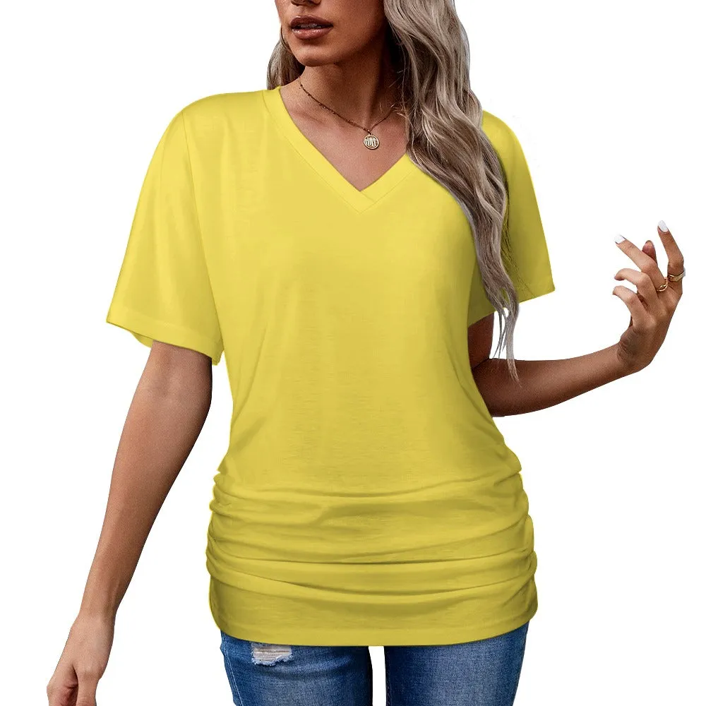 Assorted Spring Colors V-neck pleated T-shirt