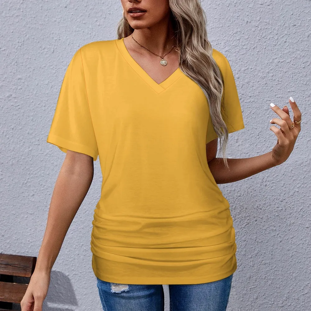 Assorted Spring Colors V-neck pleated T-shirt