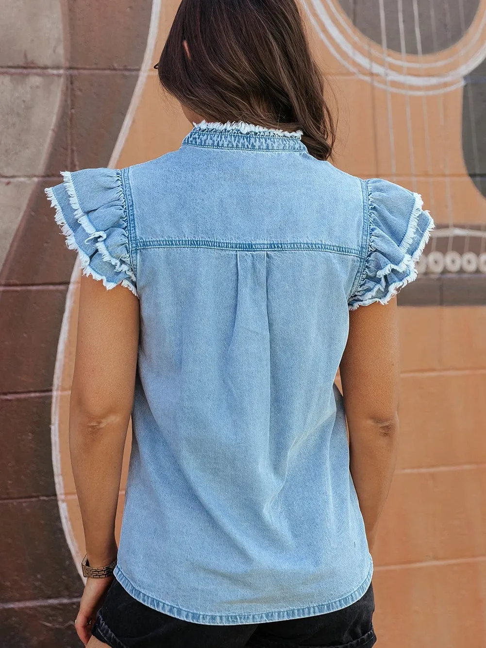 Beau Blue Denim Ruffle Flutter Sleeve Button-Up Top