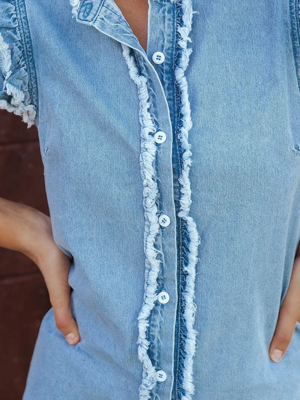 Beau Blue Denim Ruffle Flutter Sleeve Button-Up Top