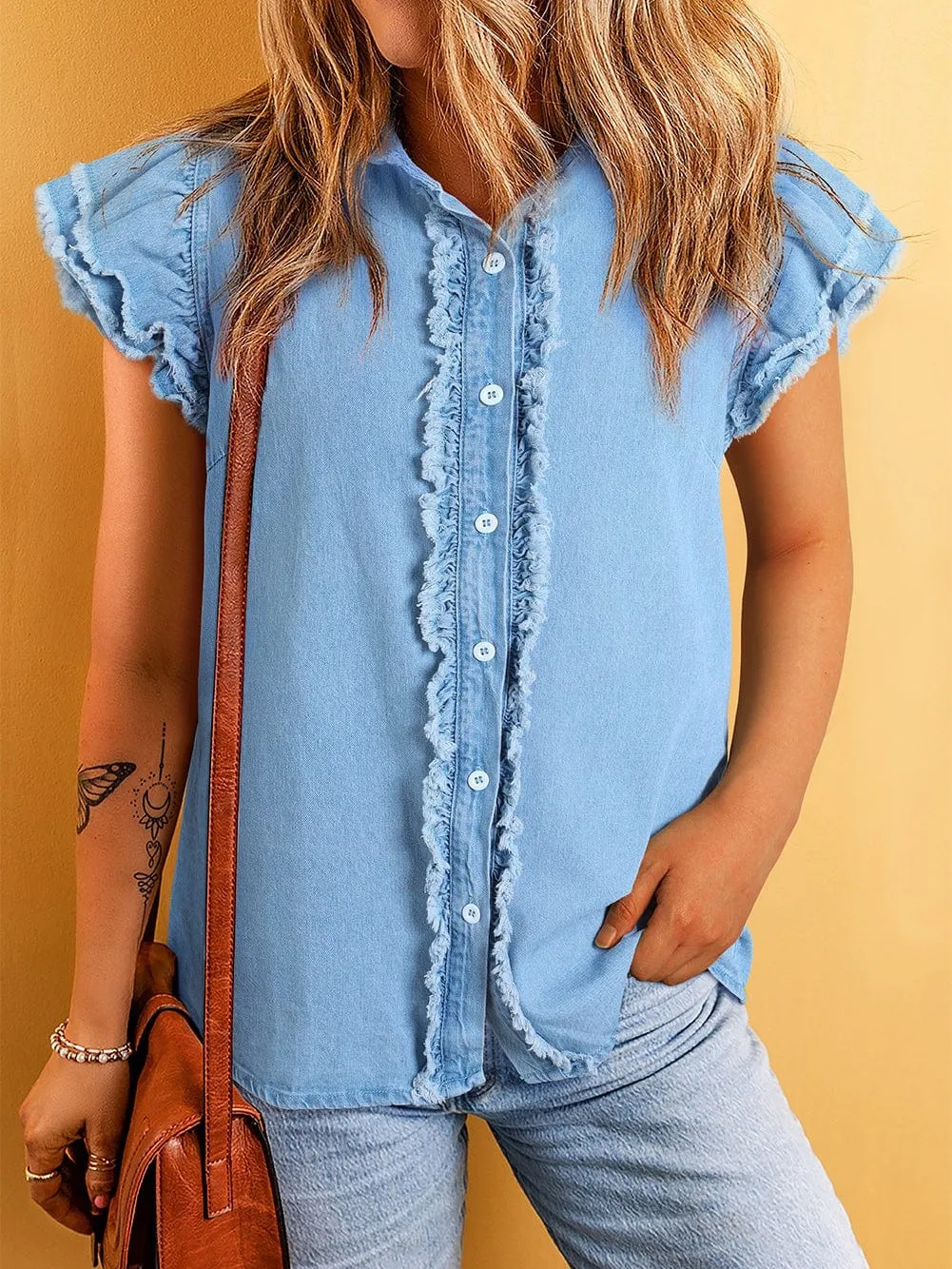 Beau Blue Denim Ruffle Flutter Sleeve Button-Up Top