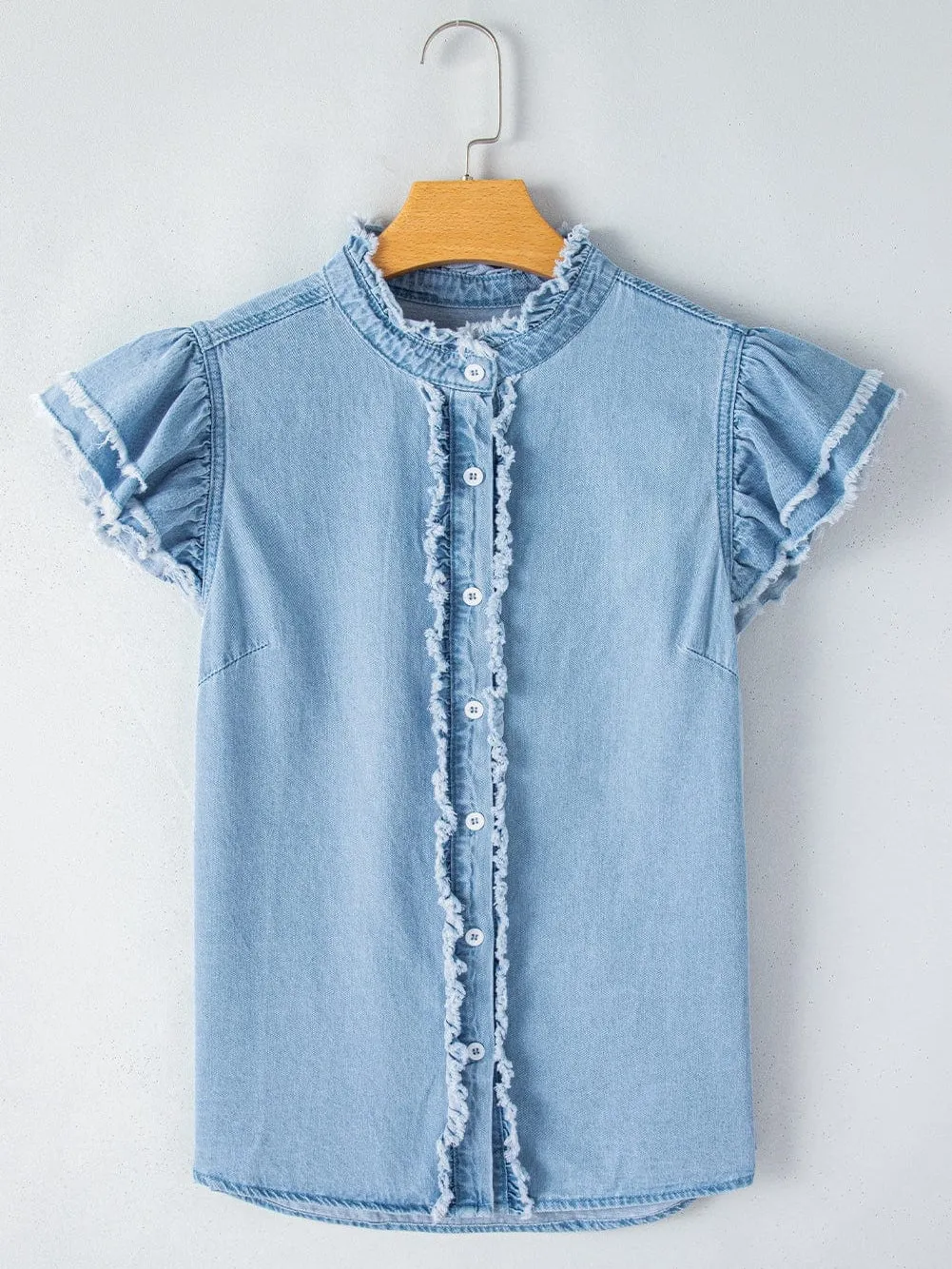 Beau Blue Denim Ruffle Flutter Sleeve Button-Up Top