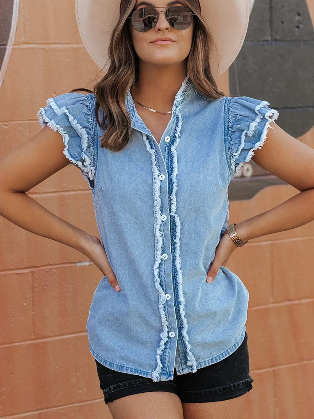 Beau Blue Denim Ruffle Flutter Sleeve Button-Up Top