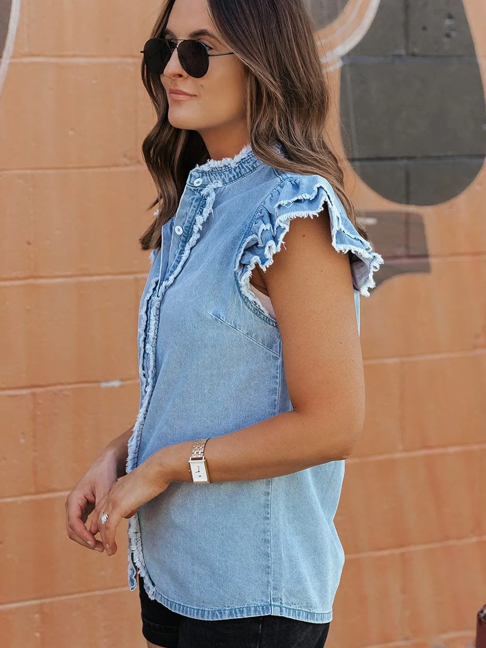 Beau Blue Denim Ruffle Flutter Sleeve Button-Up Top