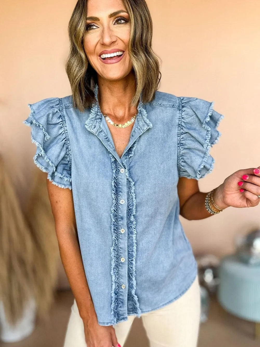 Beau Blue Denim Ruffle Flutter Sleeve Button-Up Top