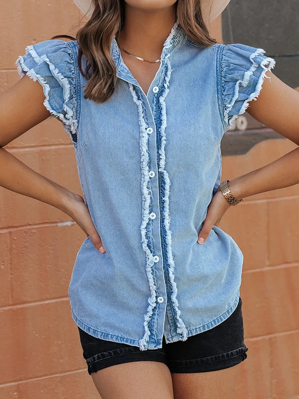 Beau Blue Denim Ruffle Flutter Sleeve Button-Up Top