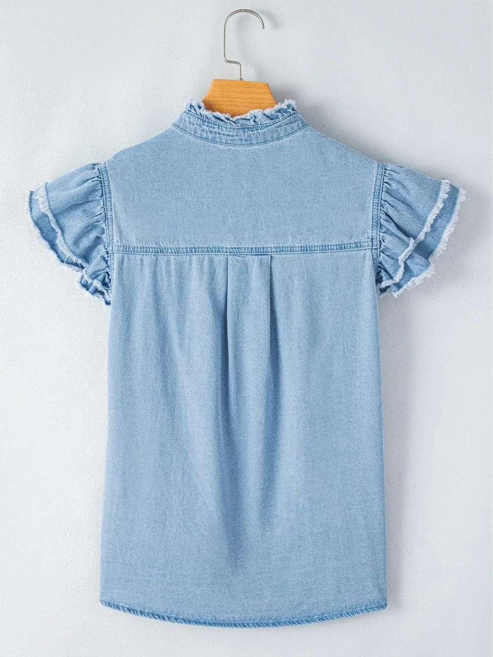 Beau Blue Denim Ruffle Flutter Sleeve Button-Up Top