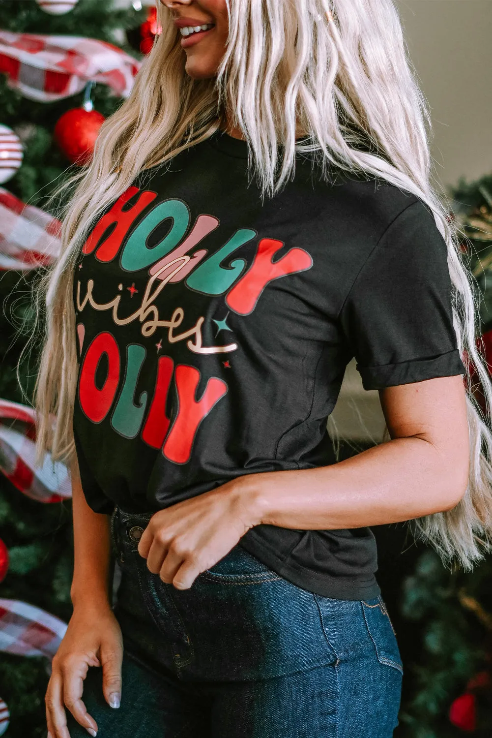 Black HOLLY JOLLY Vibes Christmas Crew Neck T Shirt