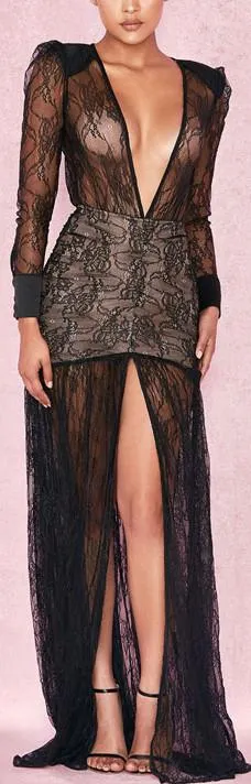 Black Low-Cut Sheer Ruched Lace Dress