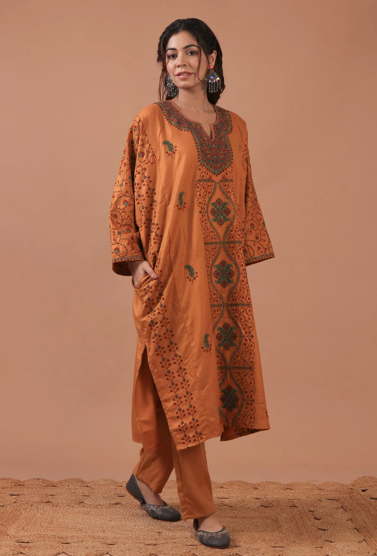 Brown Rust Woolen Sozni Embroidered Phiran- Free Size