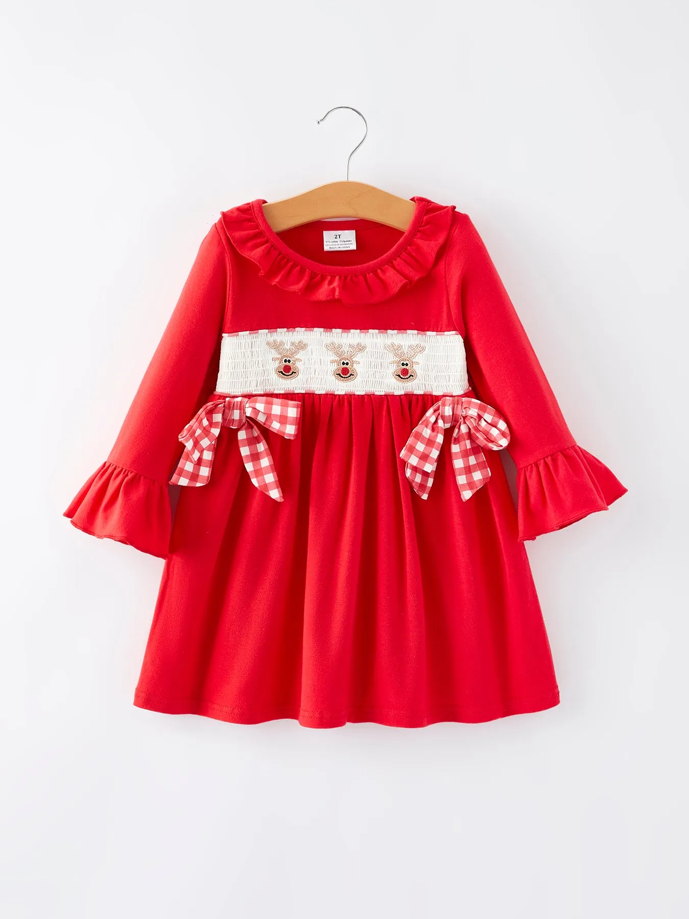 Christmas Bow Red Smocking Embroidery Girls Dress