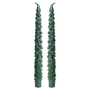 Decoris Green Glitter Christmas Tree Dinner Candle (Set of 2)