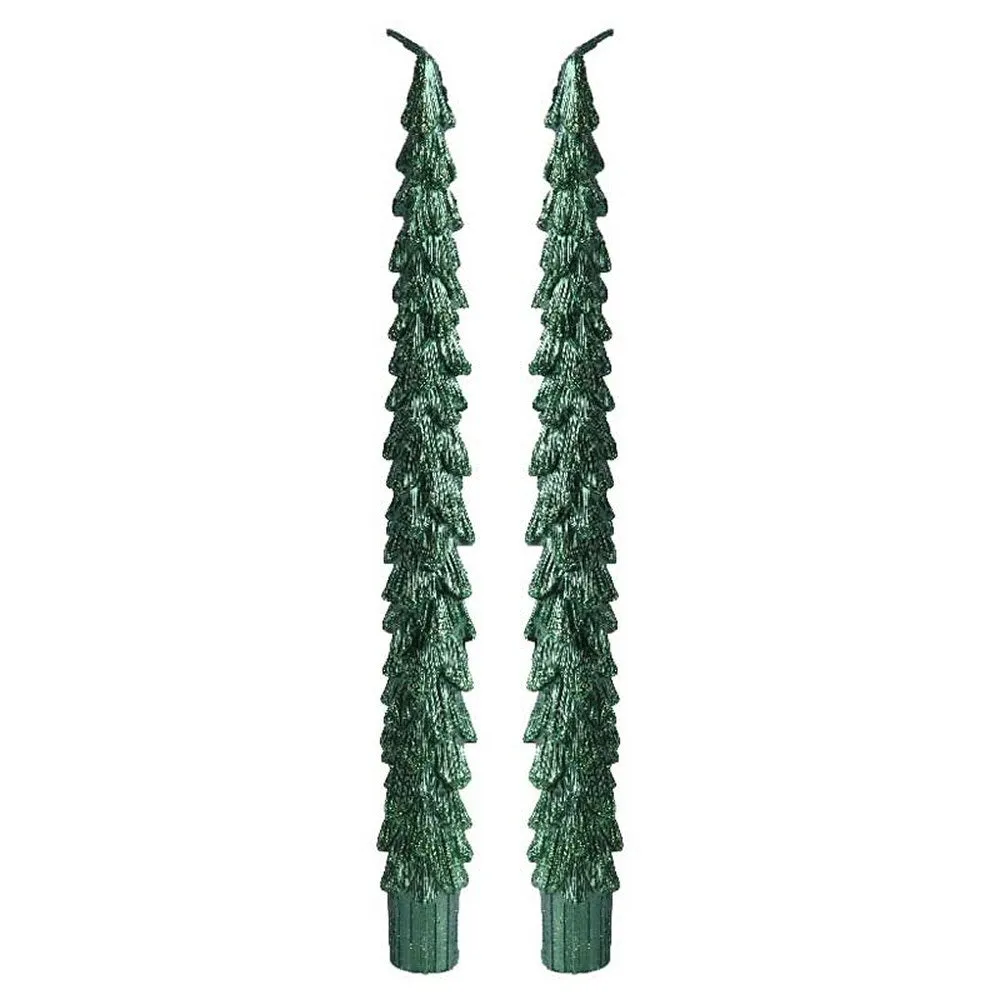 Decoris Green Glitter Christmas Tree Dinner Candle (Set of 2)