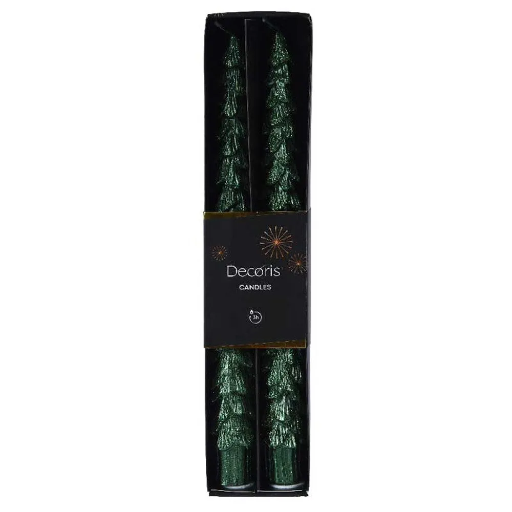 Decoris Green Glitter Christmas Tree Dinner Candle (Set of 2)