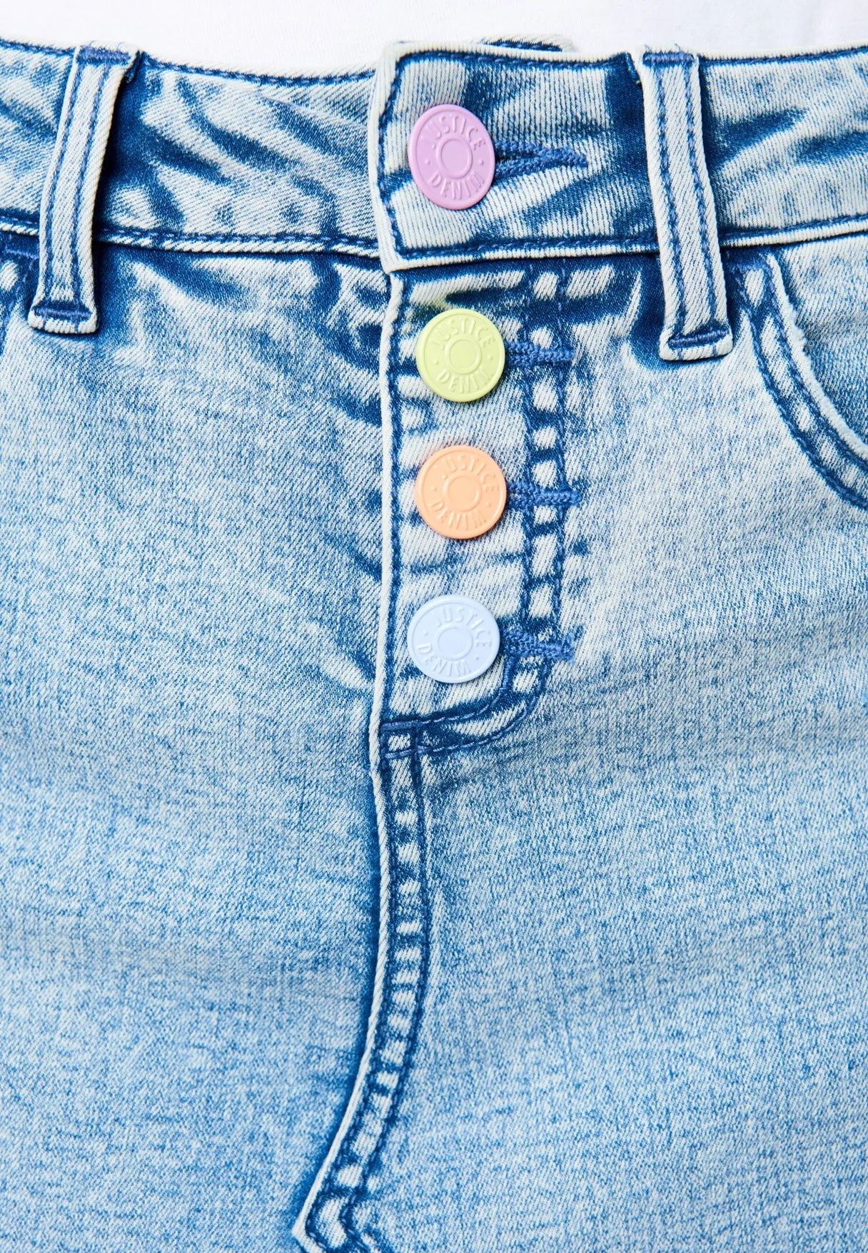 Distressed Rainbow-Button Denim Mini Skirt