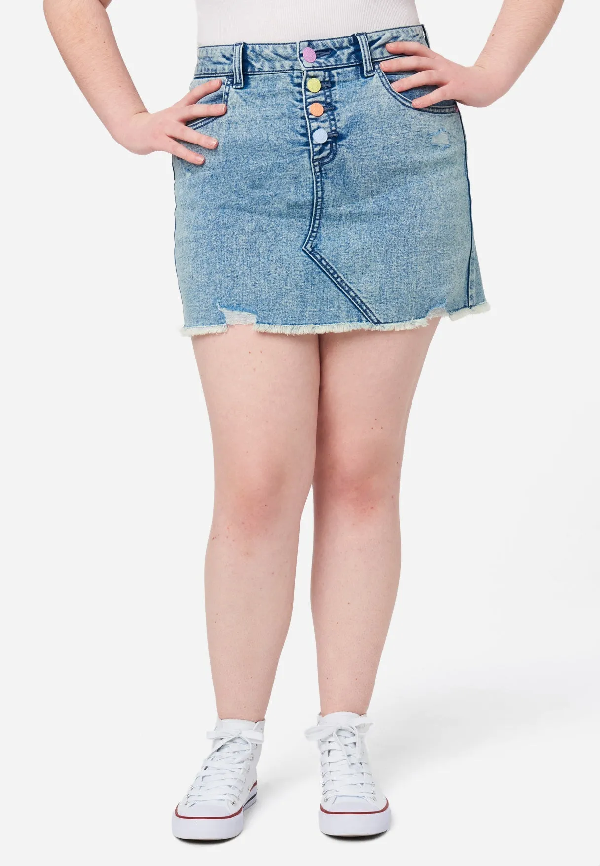 Distressed Rainbow-Button Denim Mini Skirt