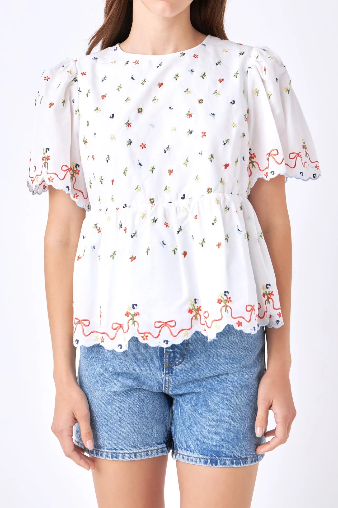 Floral Embroidery Scalloped Top