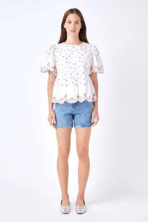 Floral Embroidery Scalloped Top