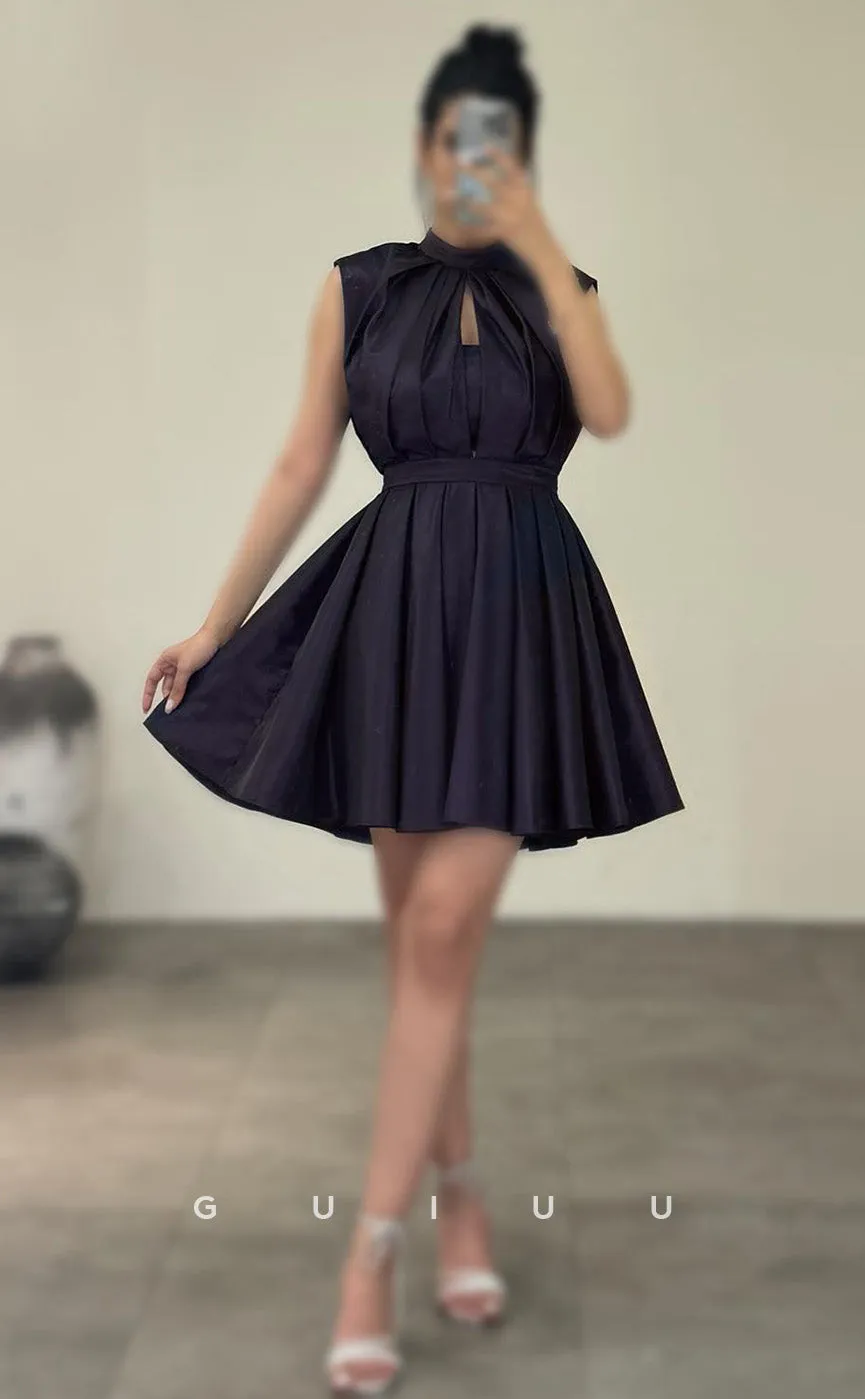 GH938 - A-Line High Neck Sleeveless Pleated Ruched Black Homecoming Dress