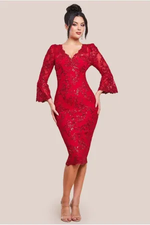 Goddiva Sequin Scallop Lace Midi Dress - Red