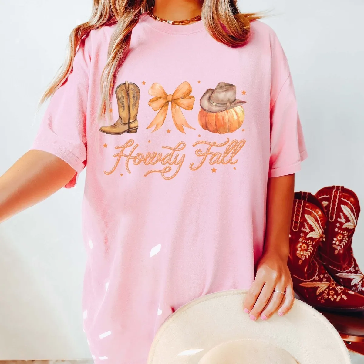 Howdy Fall Boot Bow Pumpkin Comfort Color Wholesale Tee - Fast Shipping