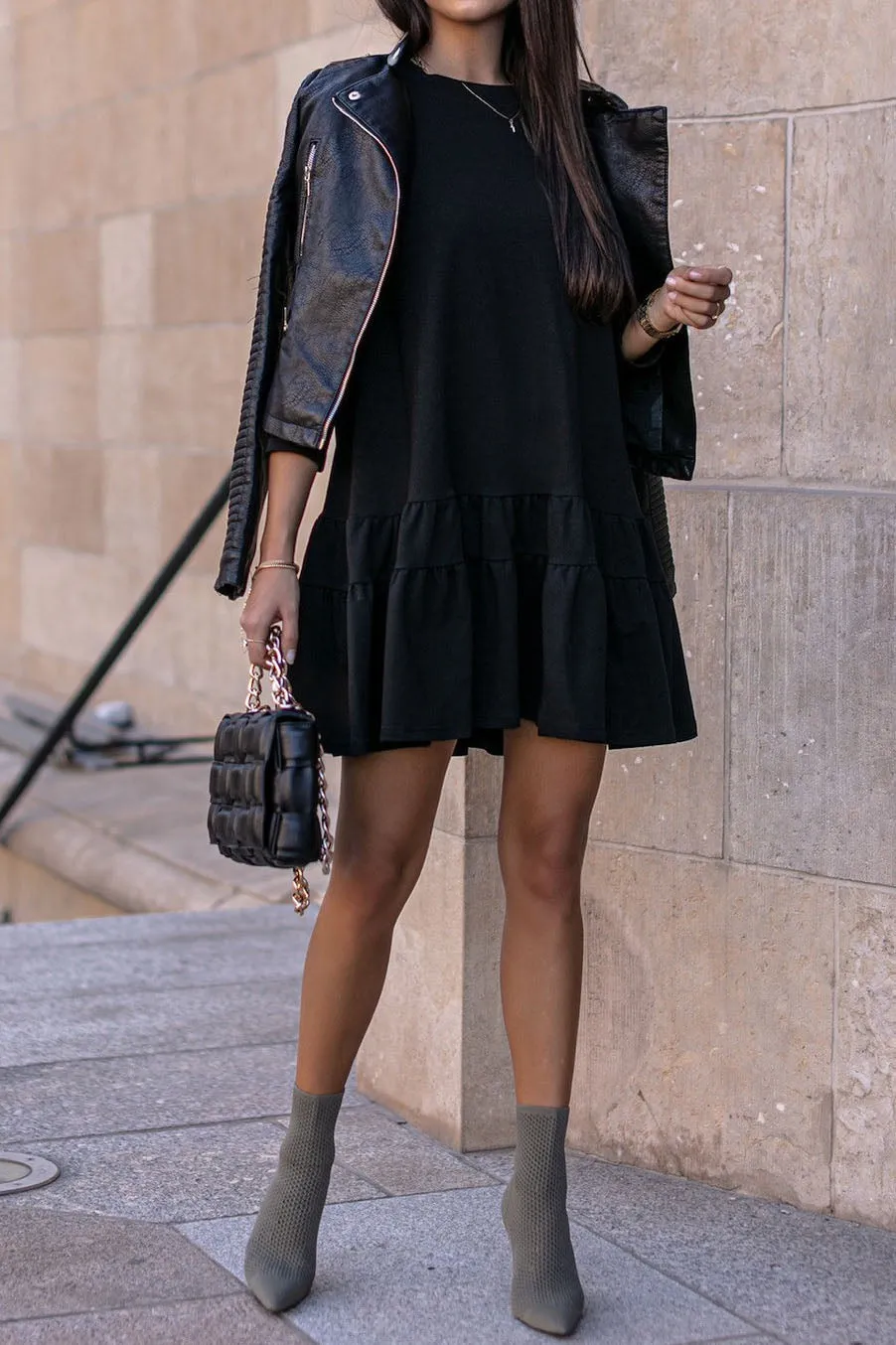 Long Sleeve Scalloped Sweatshirt Dress