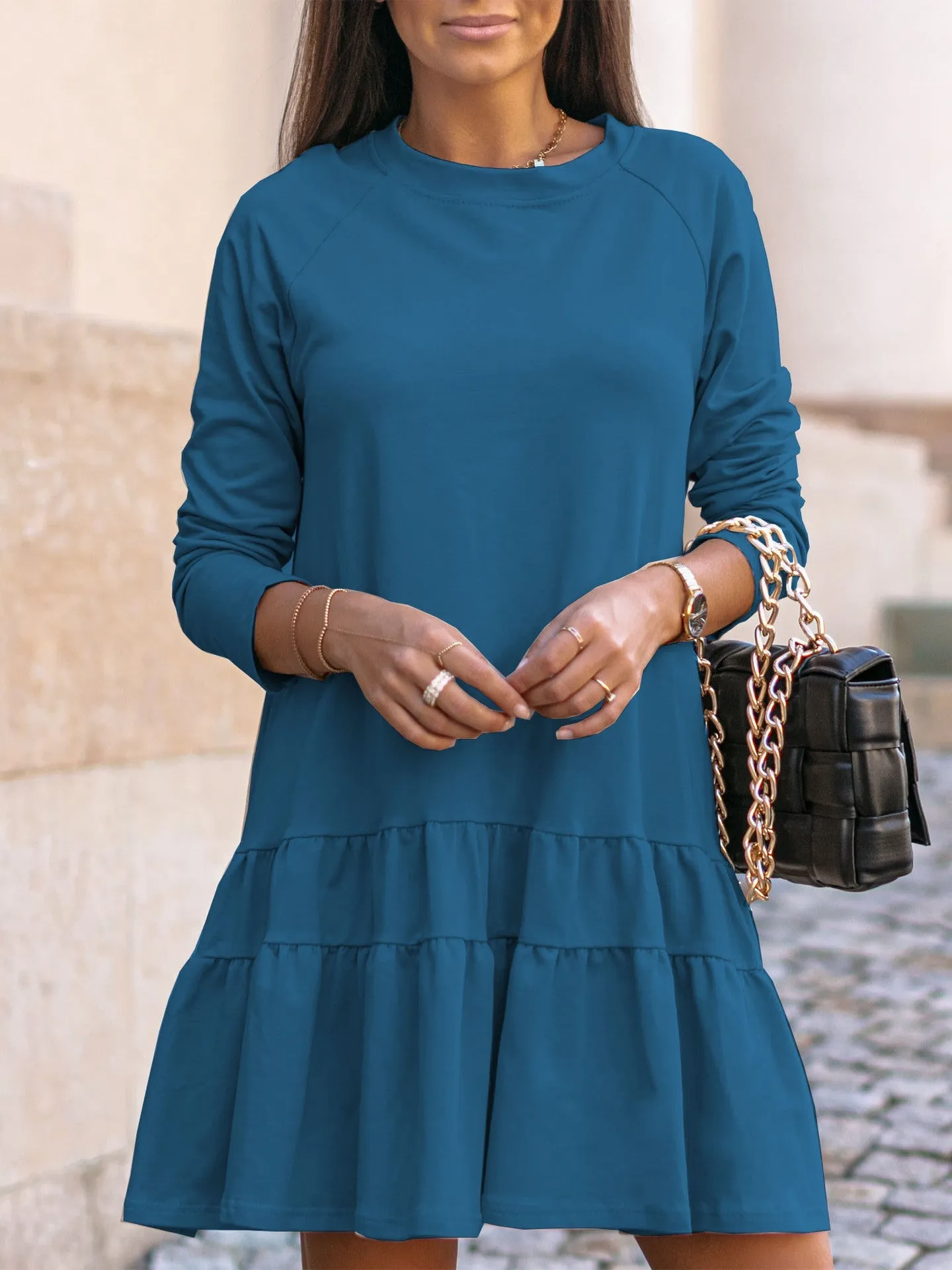 Long Sleeve Scalloped Sweatshirt Dress