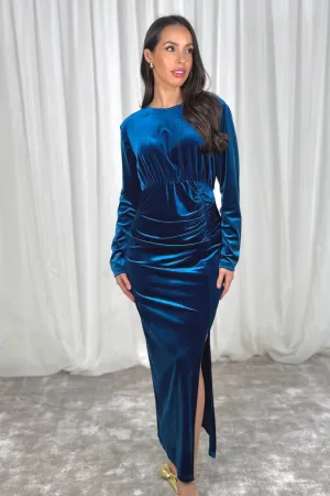 Pia Ruched Velvet Dress In Teal