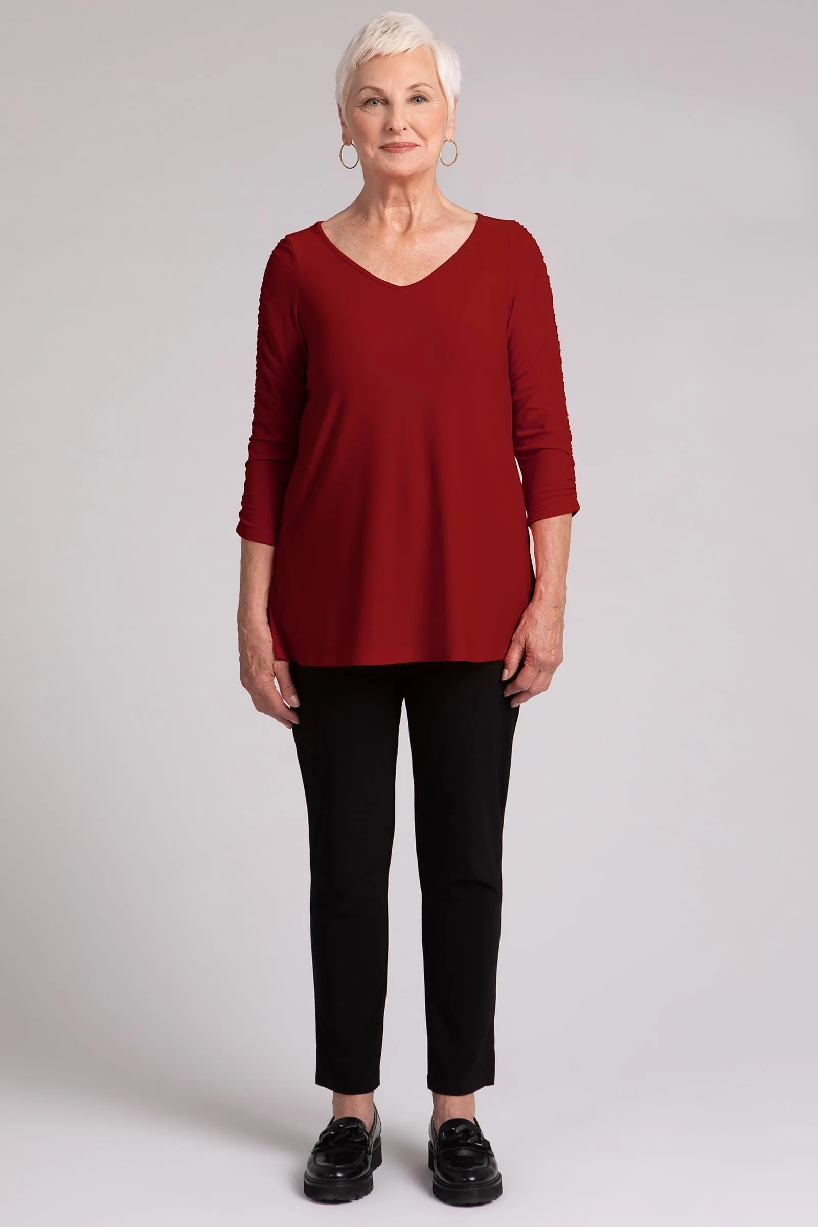 Revelry Top with Rusched Sleeve | Red