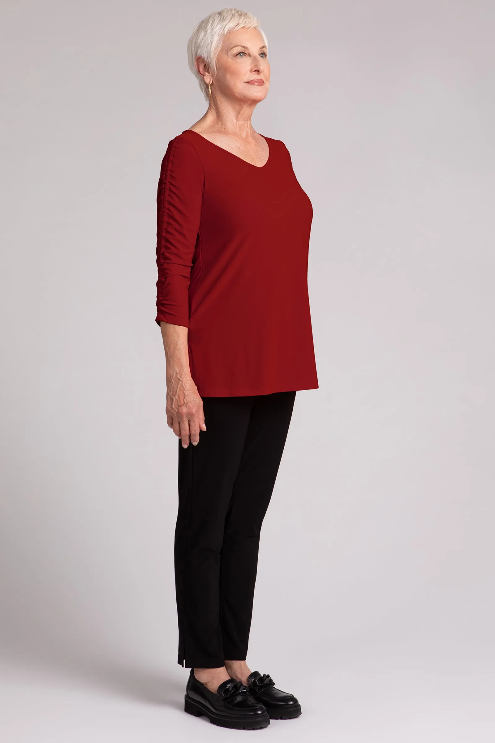 Revelry Top with Rusched Sleeve | Red