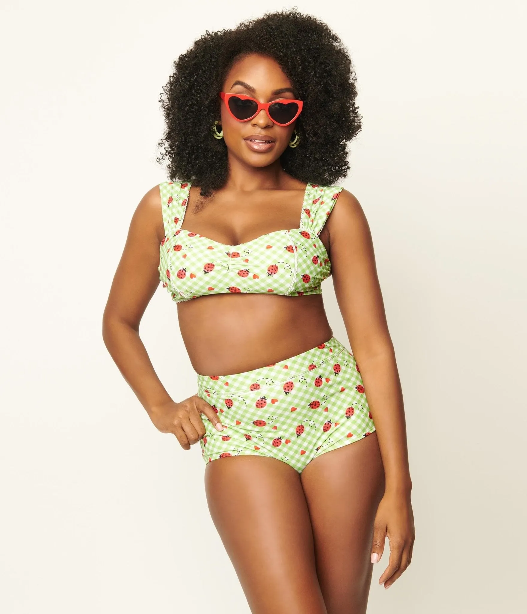 Unique Vintage Green Gingham & Ladybug Print Ruched & Ready Swim Top