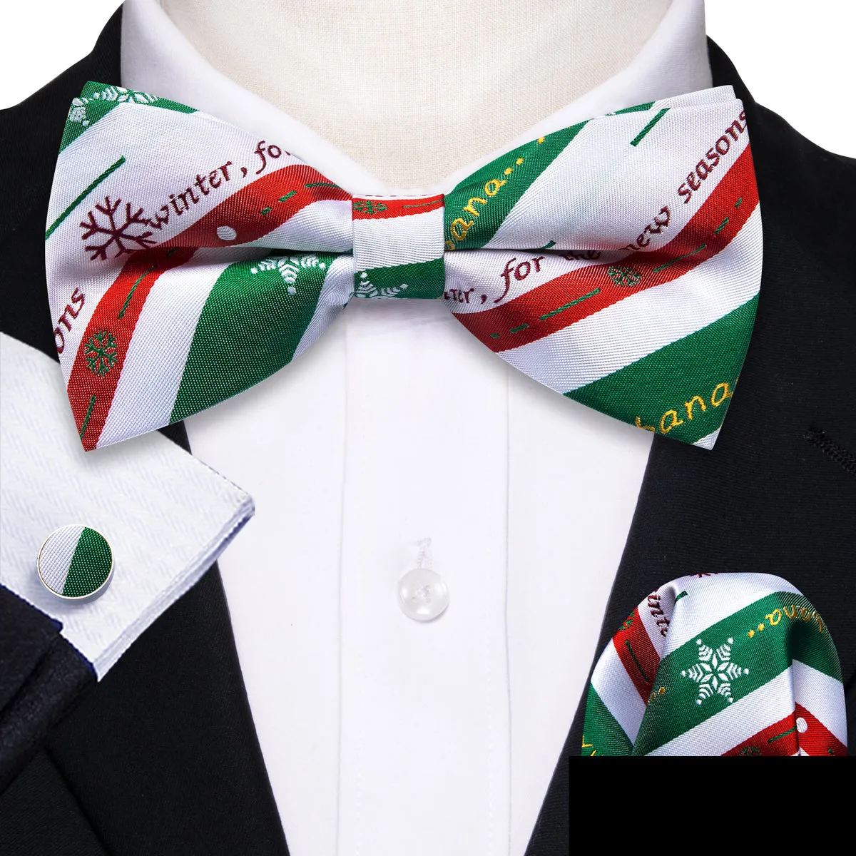 White & Emerald Green Striped Christmas Bow Tie Set