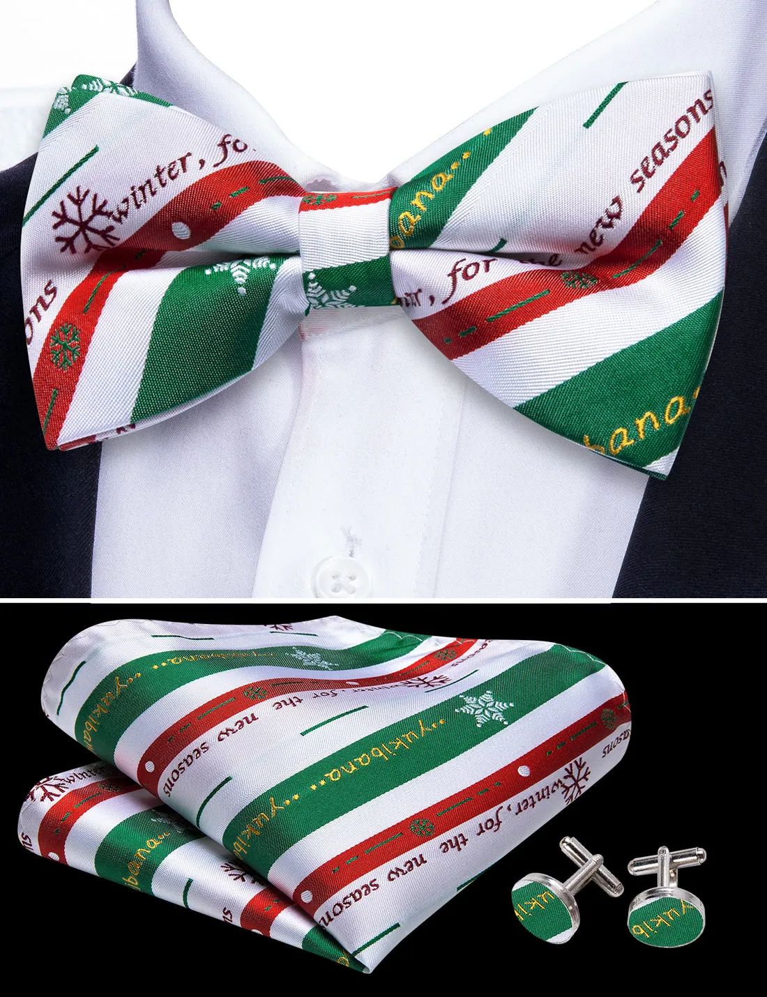 White & Emerald Green Striped Christmas Bow Tie Set