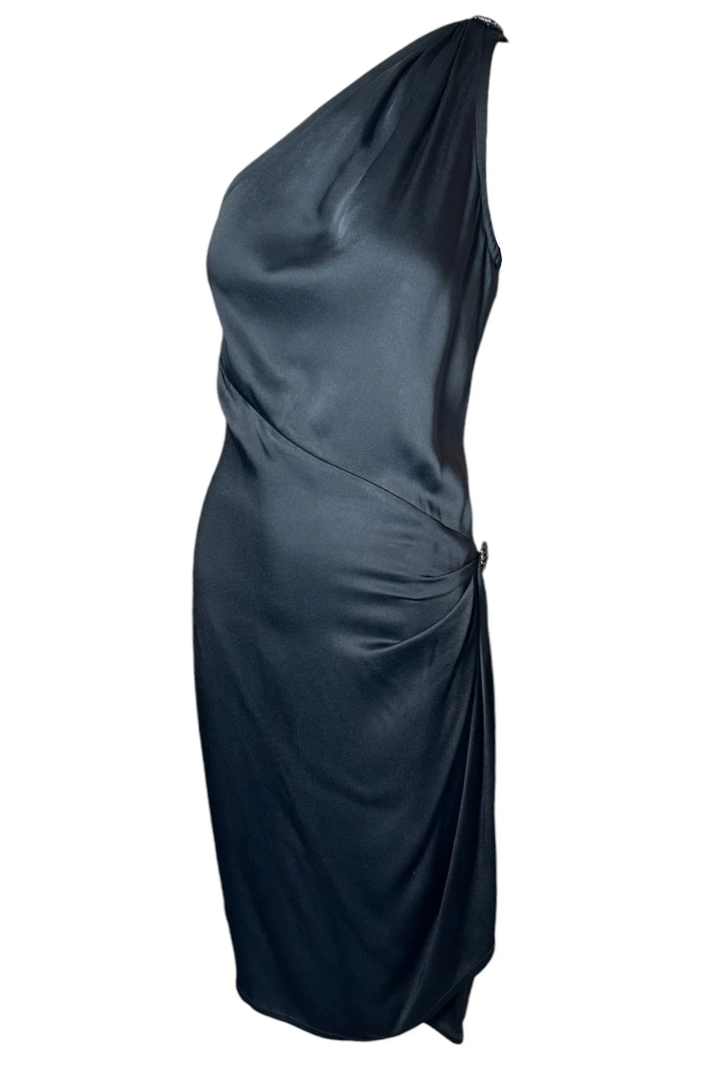 YSL Rive Gauche 1998 Black One Shoulder Ruched Hip Cocktail Dress